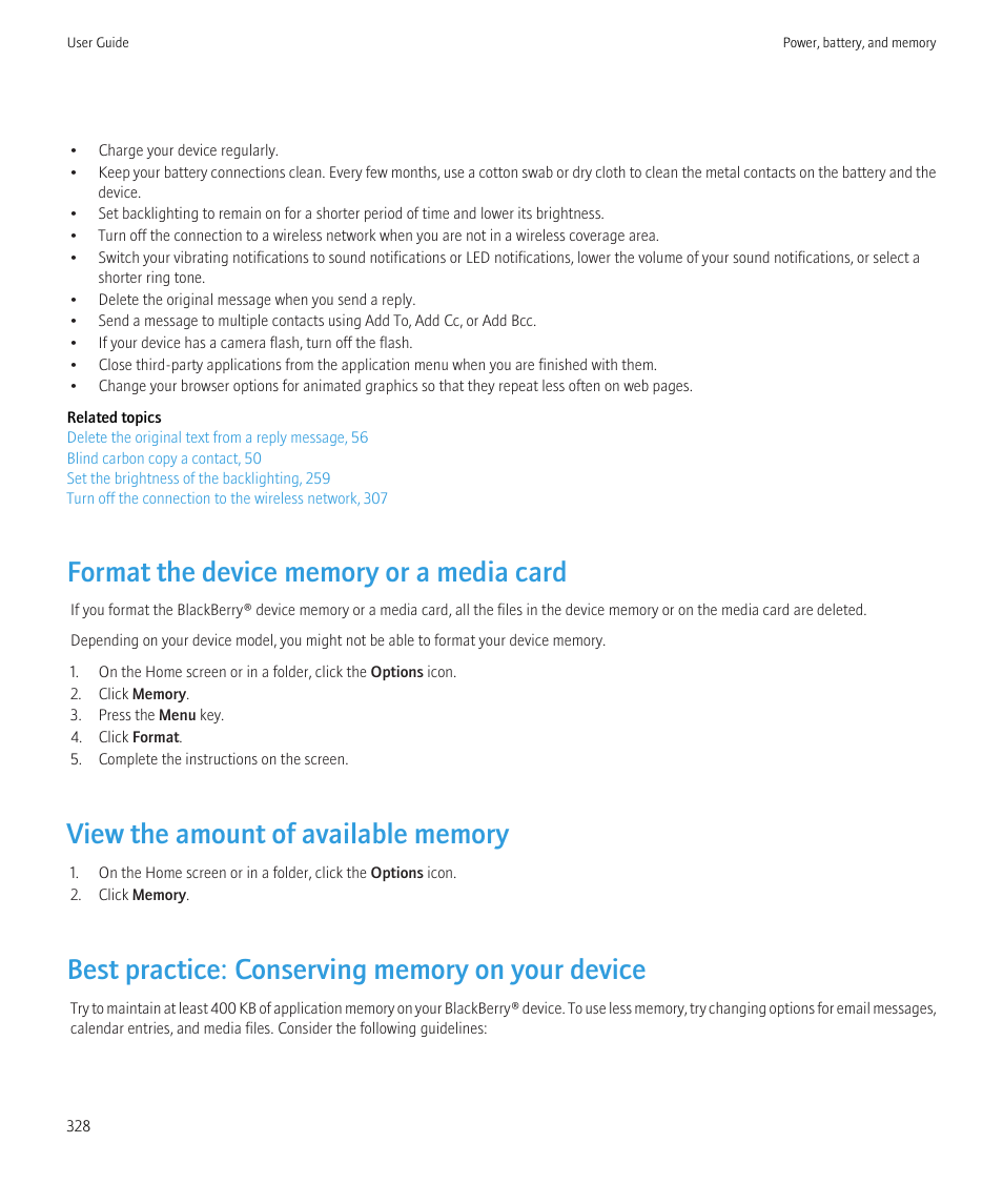 Format the device memory or a media card, View the amount of available memory, Best practice: conserving memory on your device | Blackberry CURVE 8980 User Manual | Page 330 / 443