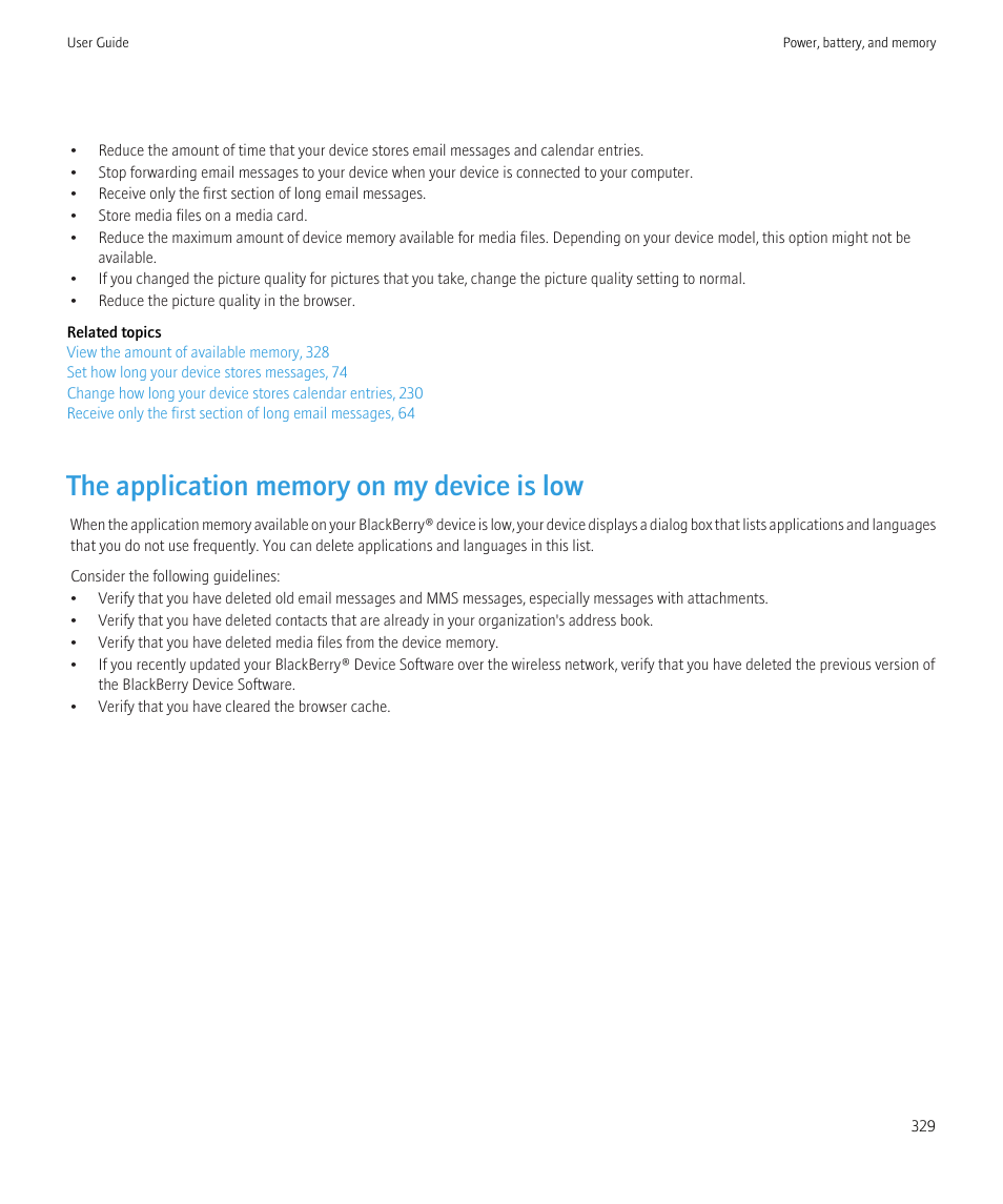 The application memory on my device is low | Blackberry CURVE 8980 User Manual | Page 331 / 443