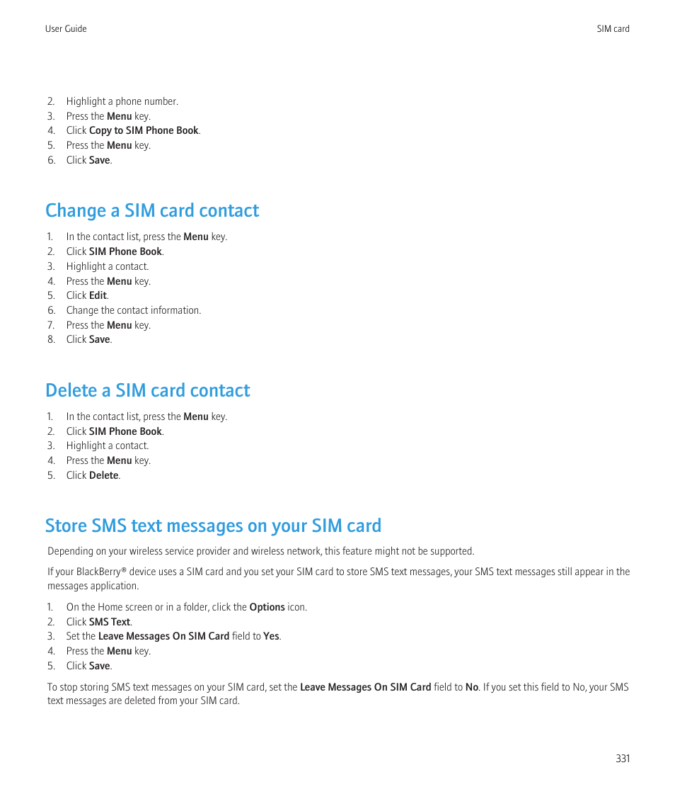 Change a sim card contact, Delete a sim card contact, Store sms text messages on your sim card | Blackberry CURVE 8980 User Manual | Page 333 / 443