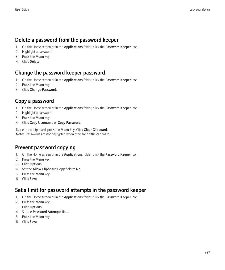 Delete a password from the password keeper, Change the password keeper password, Copy a password | Prevent password copying | Blackberry CURVE 8980 User Manual | Page 339 / 443