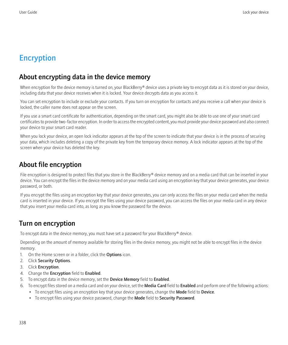 Encryption, About file encryption, Turn on encryption | Blackberry CURVE 8980 User Manual | Page 340 / 443