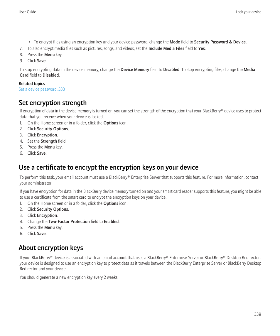Set encryption strength, About encryption keys | Blackberry CURVE 8980 User Manual | Page 341 / 443