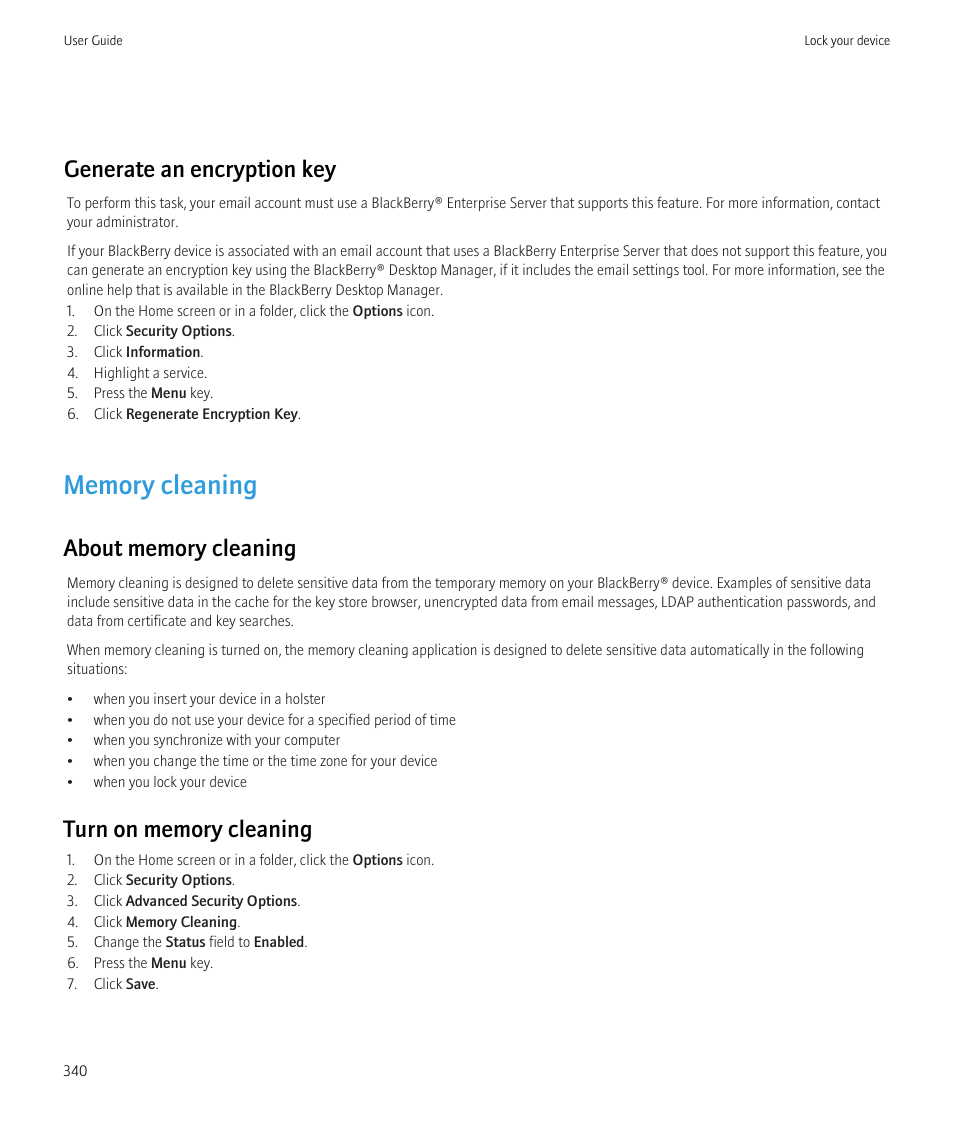 Memory cleaning, Generate an encryption key, 340, Generate an encryption key | Blackberry CURVE 8980 User Manual | Page 342 / 443