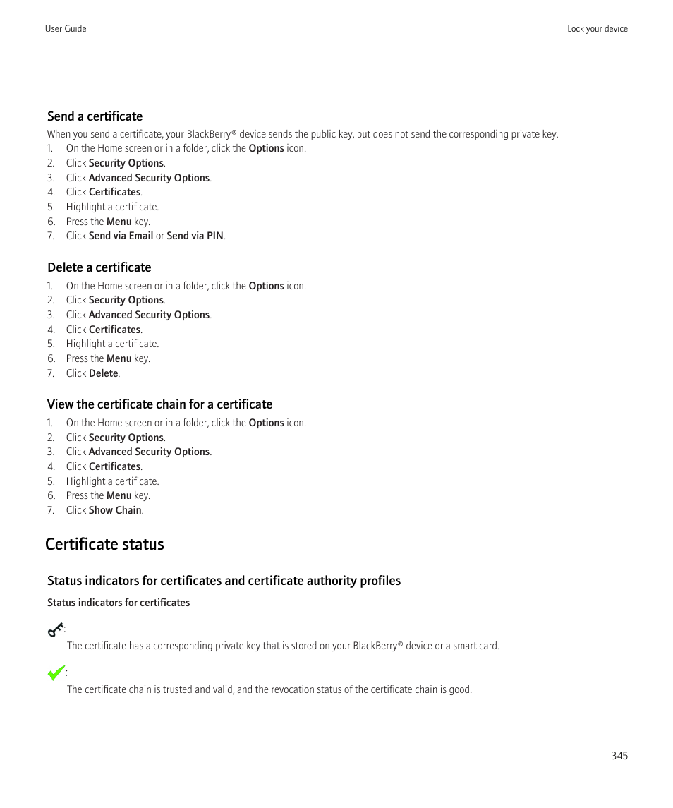 Certificate status | Blackberry CURVE 8980 User Manual | Page 347 / 443