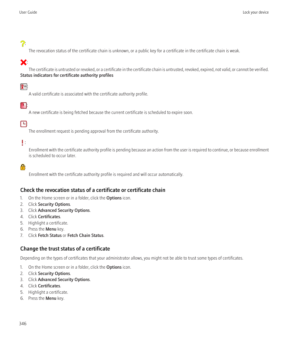 Change the trust status of a certificate | Blackberry CURVE 8980 User Manual | Page 348 / 443