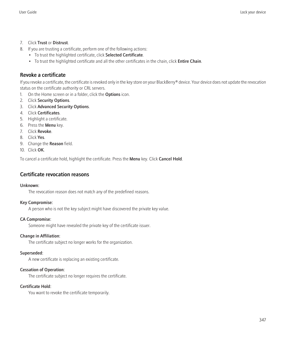 Revoke a certificate, Certificate revocation reasons | Blackberry CURVE 8980 User Manual | Page 349 / 443