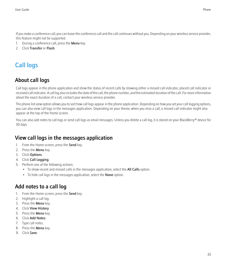 Call logs, About call logs, View call logs in the messages application | Blackberry CURVE 8980 User Manual | Page 35 / 443