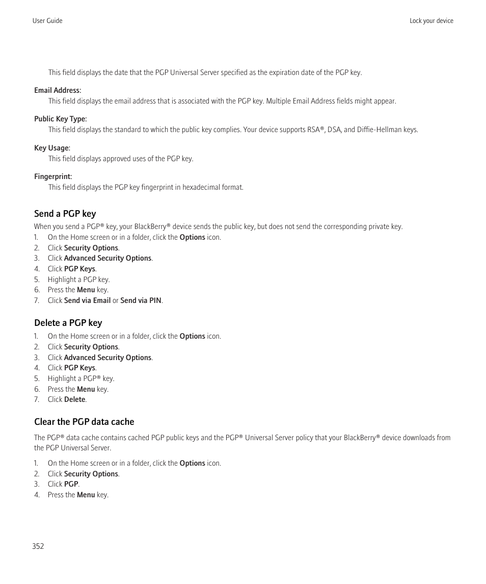 Send a pgp key, Delete a pgp key, Clear the pgp data cache | Blackberry CURVE 8980 User Manual | Page 354 / 443