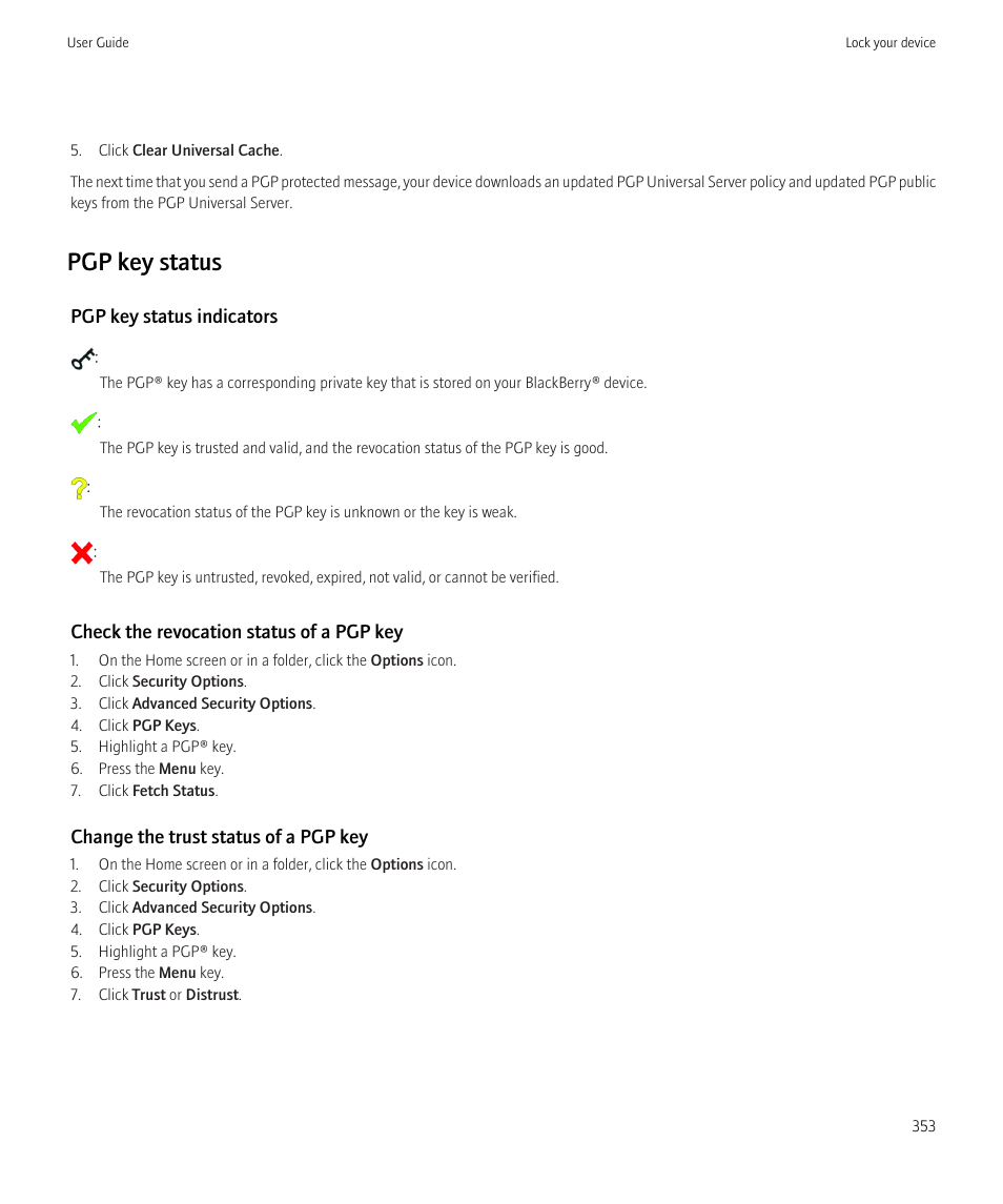 Pgp key status | Blackberry CURVE 8980 User Manual | Page 355 / 443