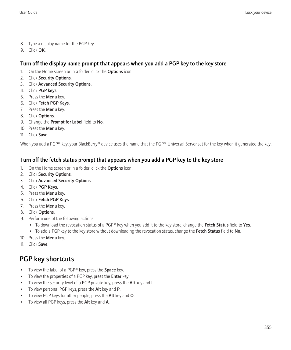 Pgp key shortcuts | Blackberry CURVE 8980 User Manual | Page 357 / 443