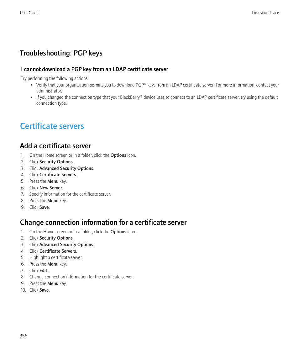 Certificate servers, Troubleshooting: pgp keys, Add a certificate server | Blackberry CURVE 8980 User Manual | Page 358 / 443
