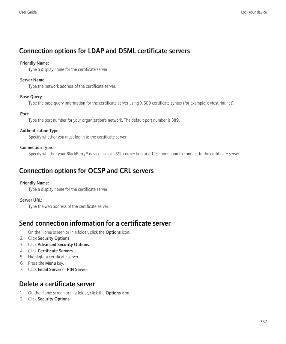 Connection options for ocsp and crl servers, Delete a certificate server | Blackberry CURVE 8980 User Manual | Page 359 / 443