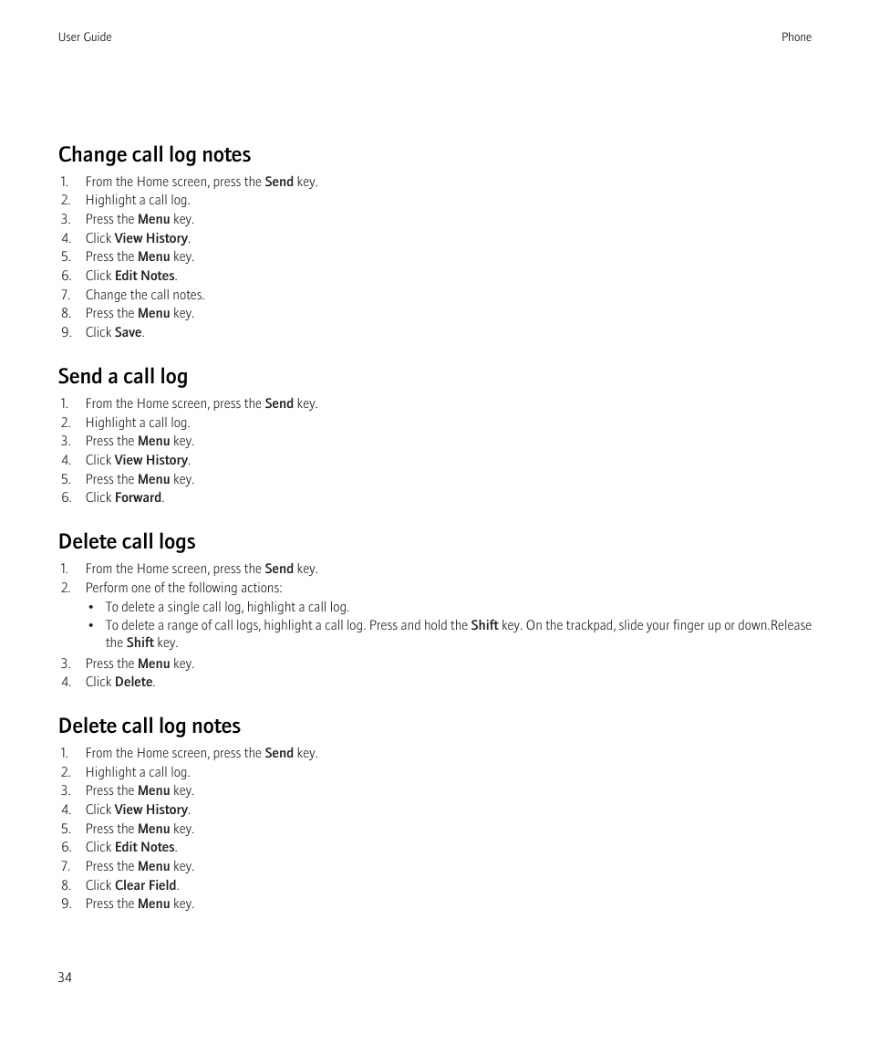 Send a call log, Delete call logs | Blackberry CURVE 8980 User Manual | Page 36 / 443