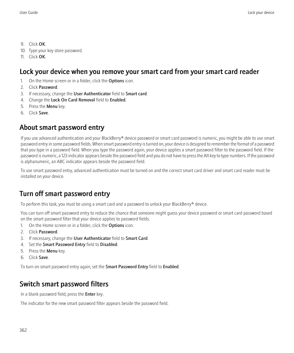 About smart password entry, Turn off smart password entry, Switch smart password filters | Blackberry CURVE 8980 User Manual | Page 364 / 443