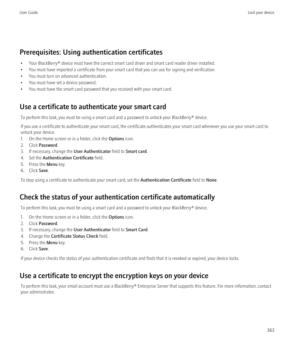 Prerequisites: using authentication certificates, Use a certificate to authenticate your smart card | Blackberry CURVE 8980 User Manual | Page 365 / 443