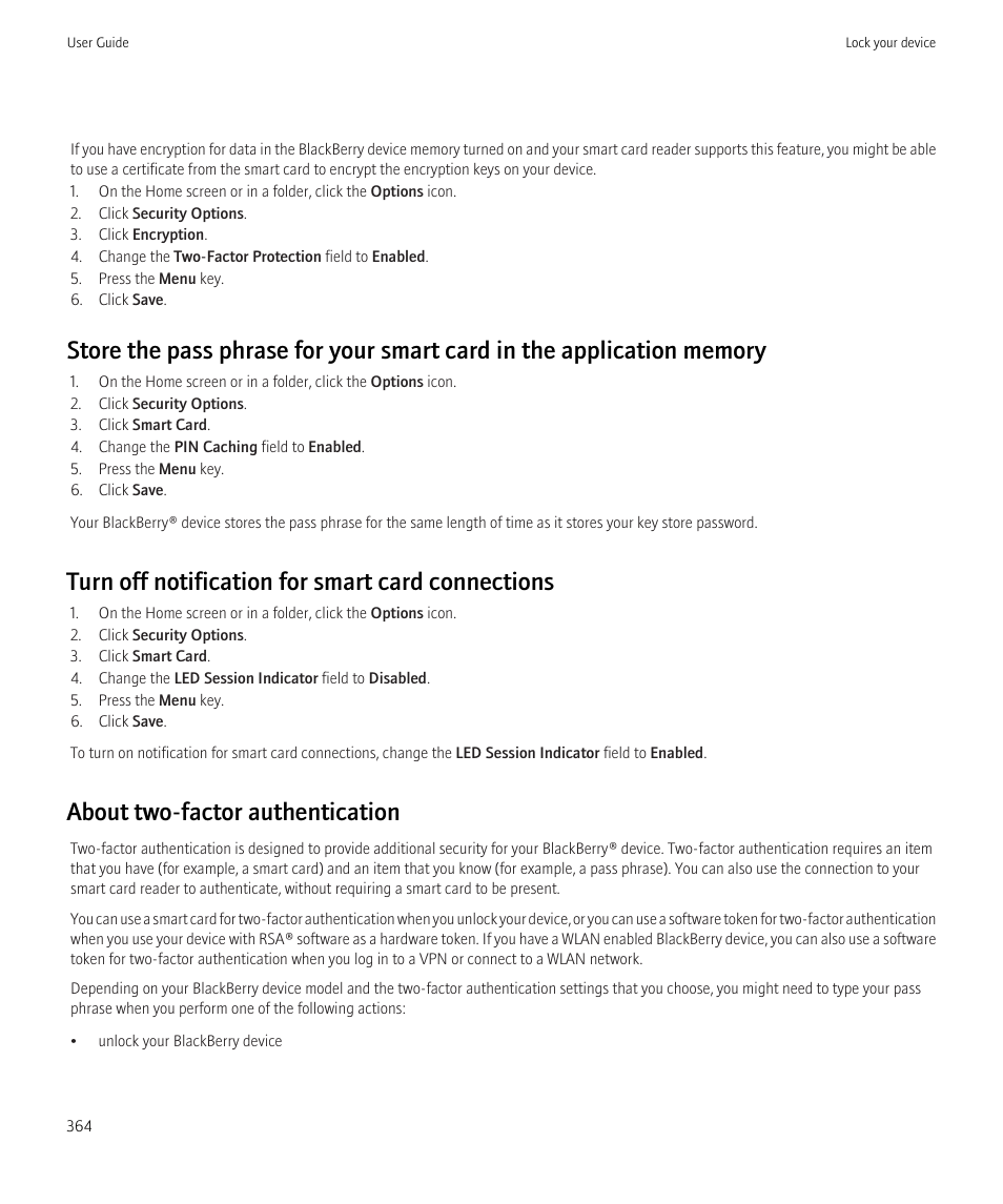 Turn off notification for smart card connections, About two-factor authentication | Blackberry CURVE 8980 User Manual | Page 366 / 443