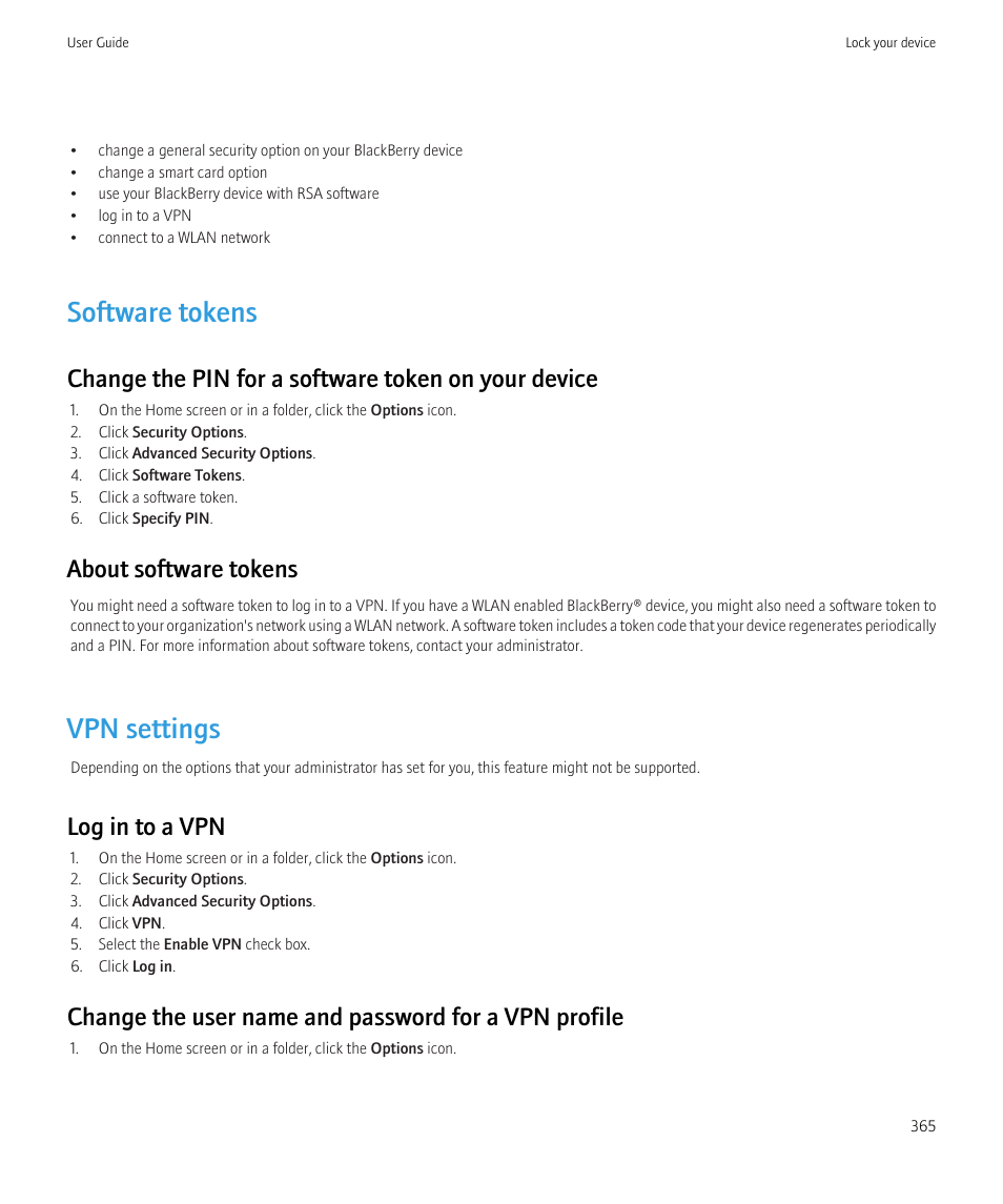 Software tokens, Vpn settings, Change the pin for a software token on your device | About software tokens, Log in to a vpn | Blackberry CURVE 8980 User Manual | Page 367 / 443