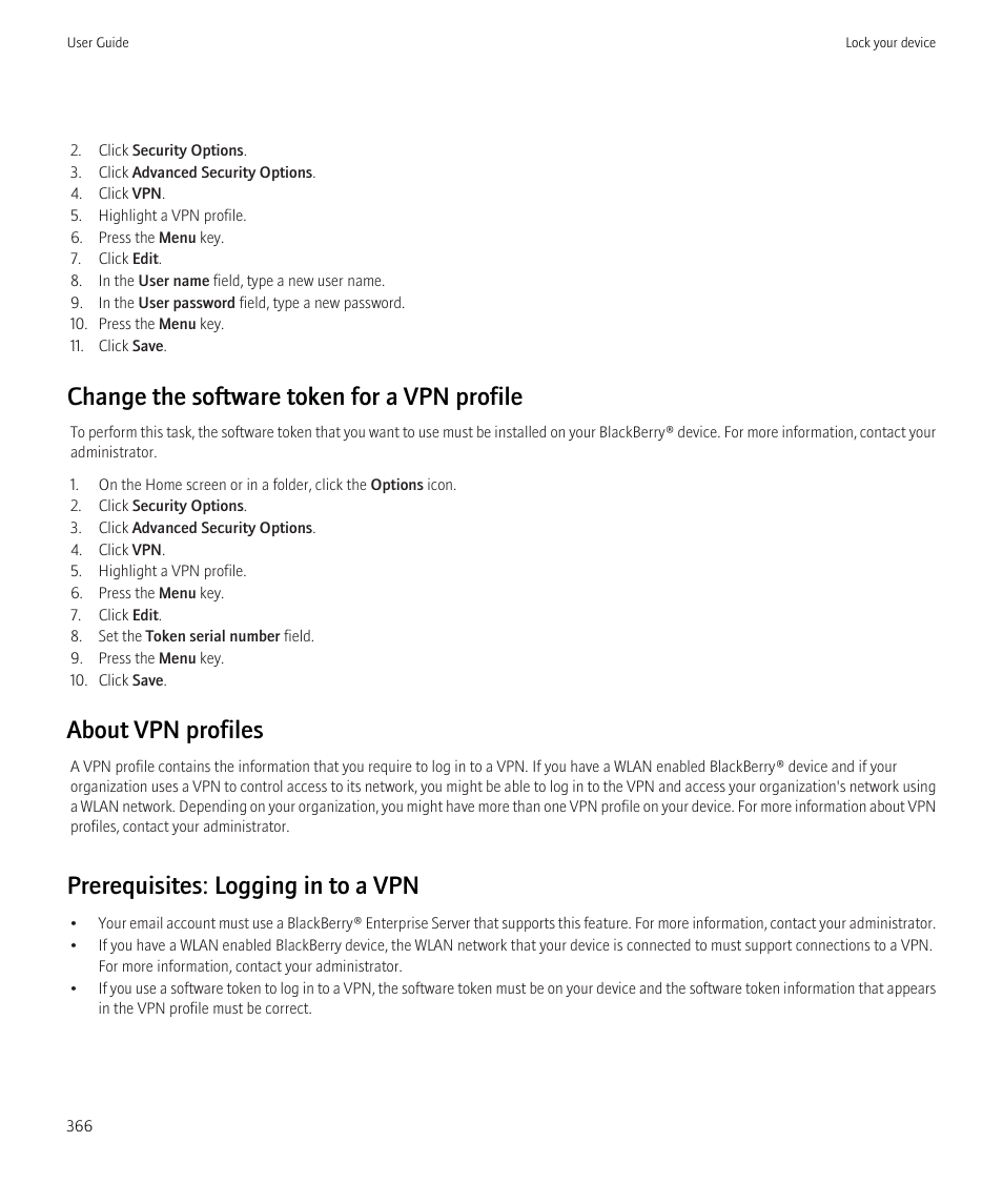 Change the software token for a vpn profile, About vpn profiles, Prerequisites: logging in to a vpn | Blackberry CURVE 8980 User Manual | Page 368 / 443