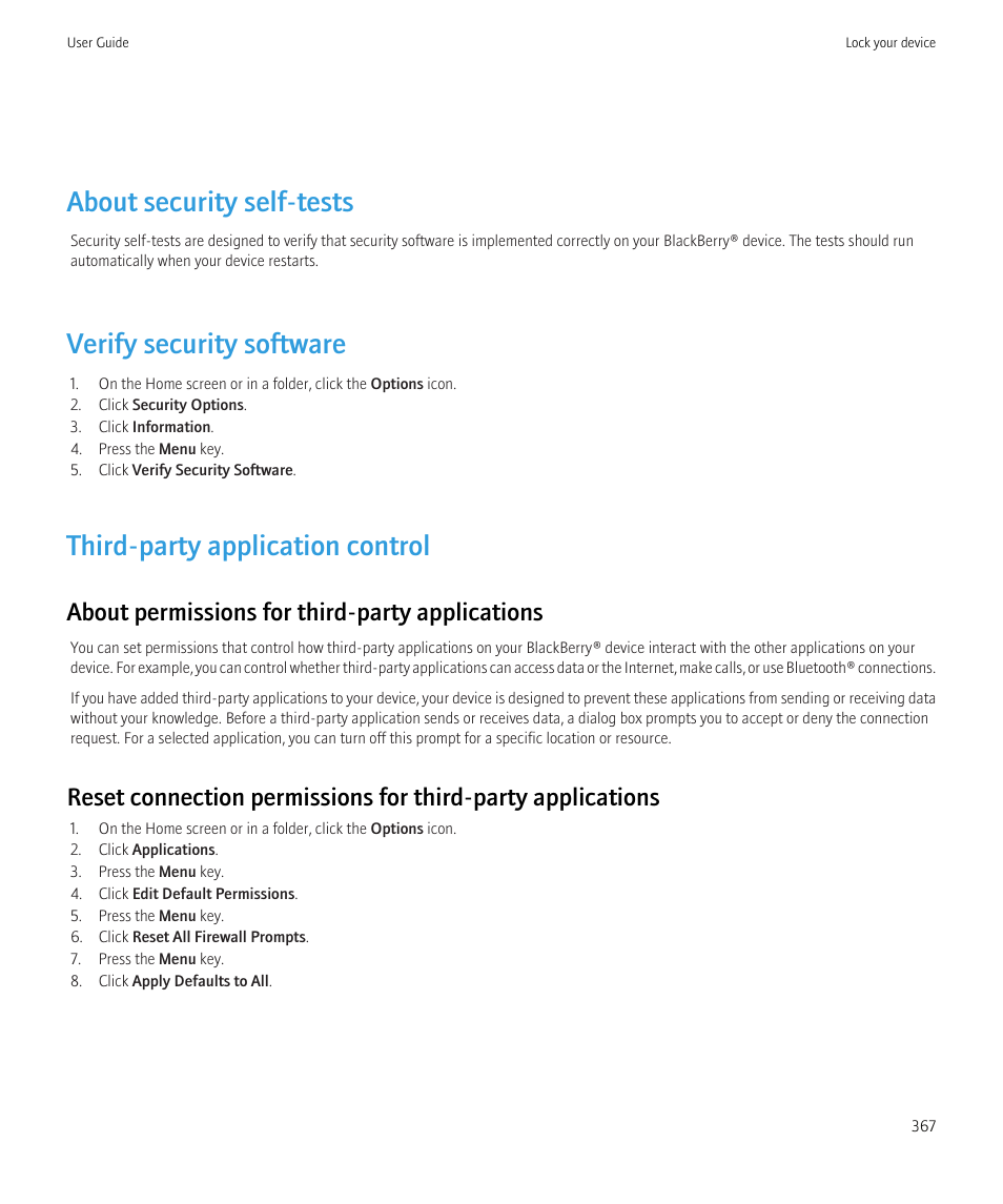 About security self-tests, Verify security software, Third-party application control | About permissions for third-party applications | Blackberry CURVE 8980 User Manual | Page 369 / 443