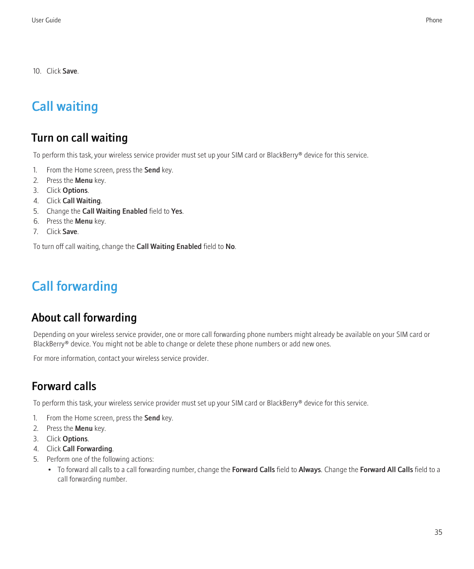 Call waiting, Call forwarding, Call forwarding, 35 | Turn on call waiting, About call forwarding, Forward calls | Blackberry CURVE 8980 User Manual | Page 37 / 443