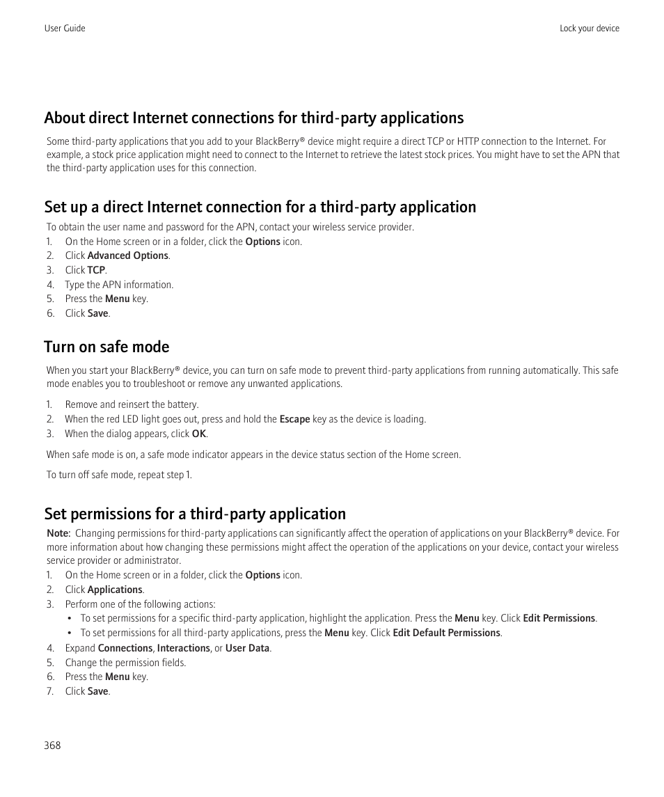 Turn on safe mode, Set permissions for a third-party application | Blackberry CURVE 8980 User Manual | Page 370 / 443