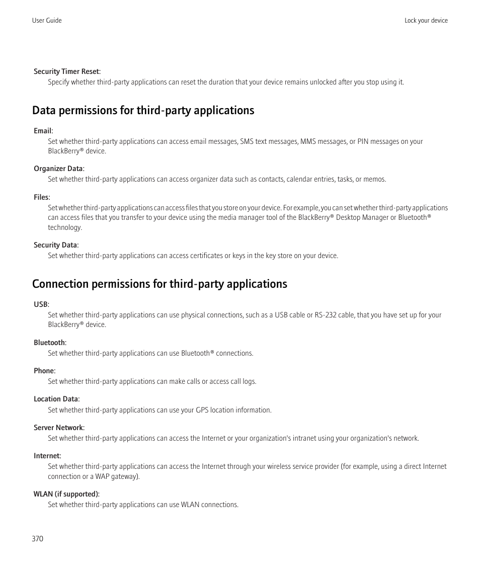 Data permissions for third-party applications | Blackberry CURVE 8980 User Manual | Page 372 / 443