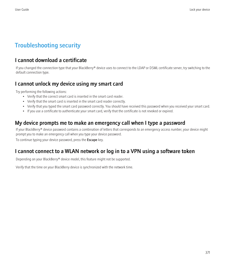 Troubleshooting security, I cannot download a certificate, I cannot unlock my device using my smart card | Blackberry CURVE 8980 User Manual | Page 373 / 443