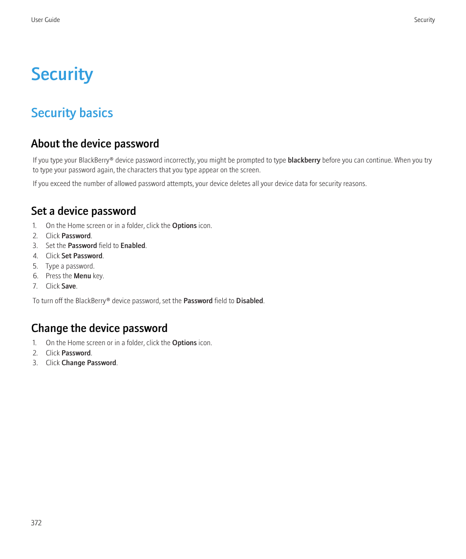 Security, Security basics, About the device password | Set a device password, Change the device password | Blackberry CURVE 8980 User Manual | Page 374 / 443