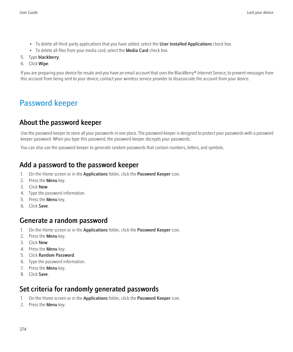 Password keeper, About the password keeper, Add a password to the password keeper | Generate a random password, Set criteria for randomly generated passwords | Blackberry CURVE 8980 User Manual | Page 376 / 443