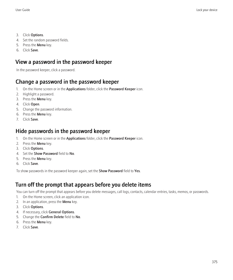 View a password in the password keeper, Change a password in the password keeper, Hide passwords in the password keeper | Blackberry CURVE 8980 User Manual | Page 377 / 443