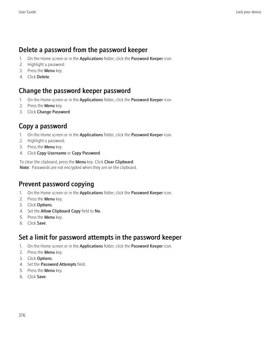 Delete a password from the password keeper, Change the password keeper password, Copy a password | Prevent password copying | Blackberry CURVE 8980 User Manual | Page 378 / 443
