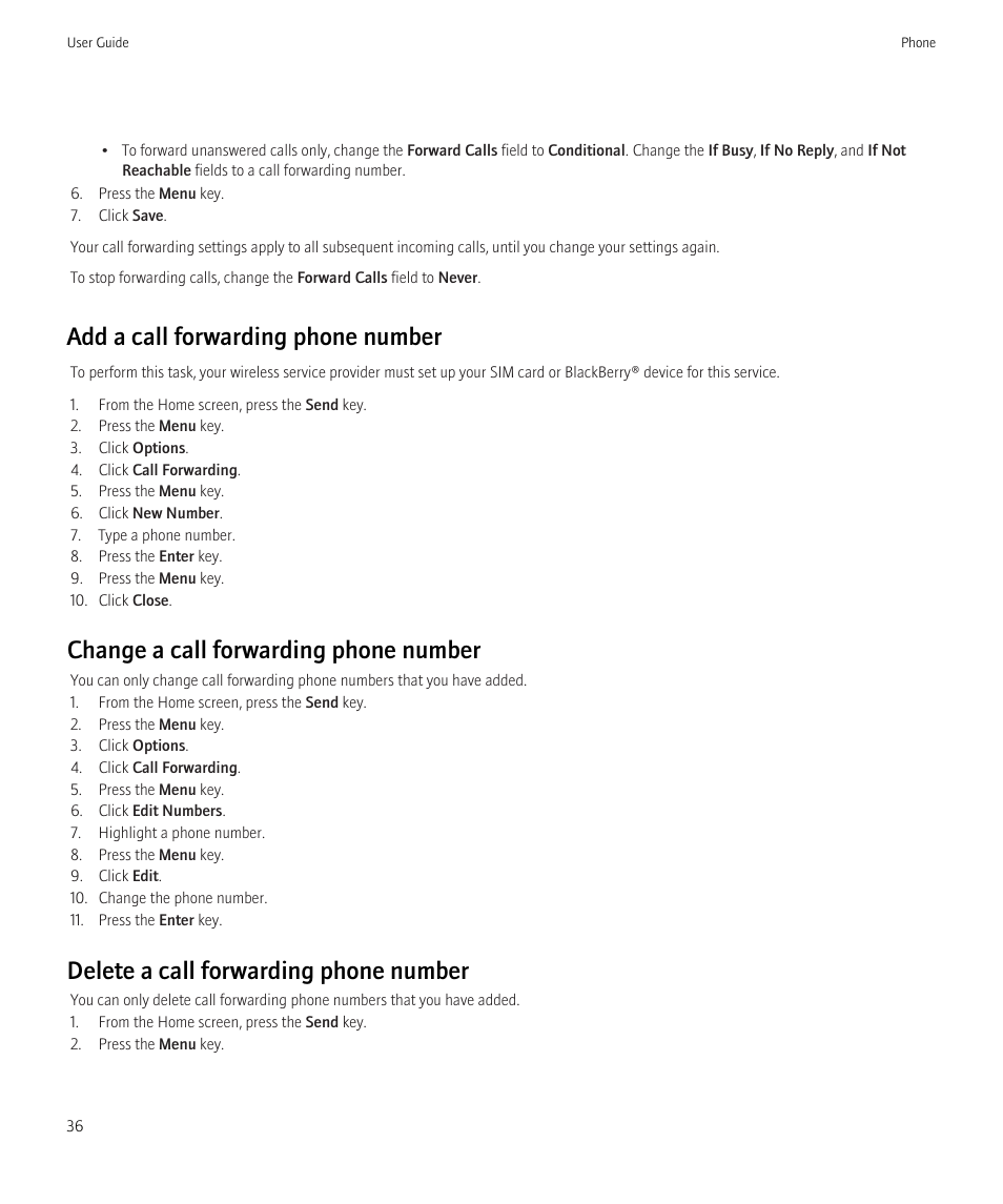 Add a call forwarding phone number, Change a call forwarding phone number, Delete a call forwarding phone number | Blackberry CURVE 8980 User Manual | Page 38 / 443