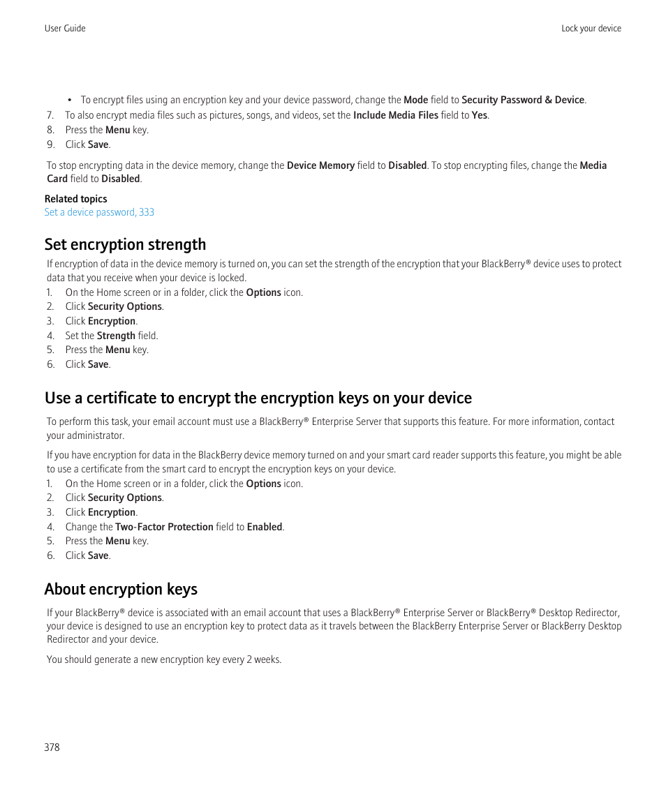 Set encryption strength, About encryption keys | Blackberry CURVE 8980 User Manual | Page 380 / 443