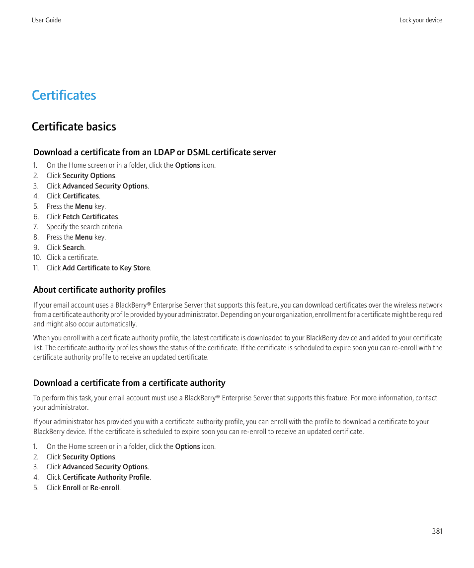 Certificates, Certificate basics | Blackberry CURVE 8980 User Manual | Page 383 / 443