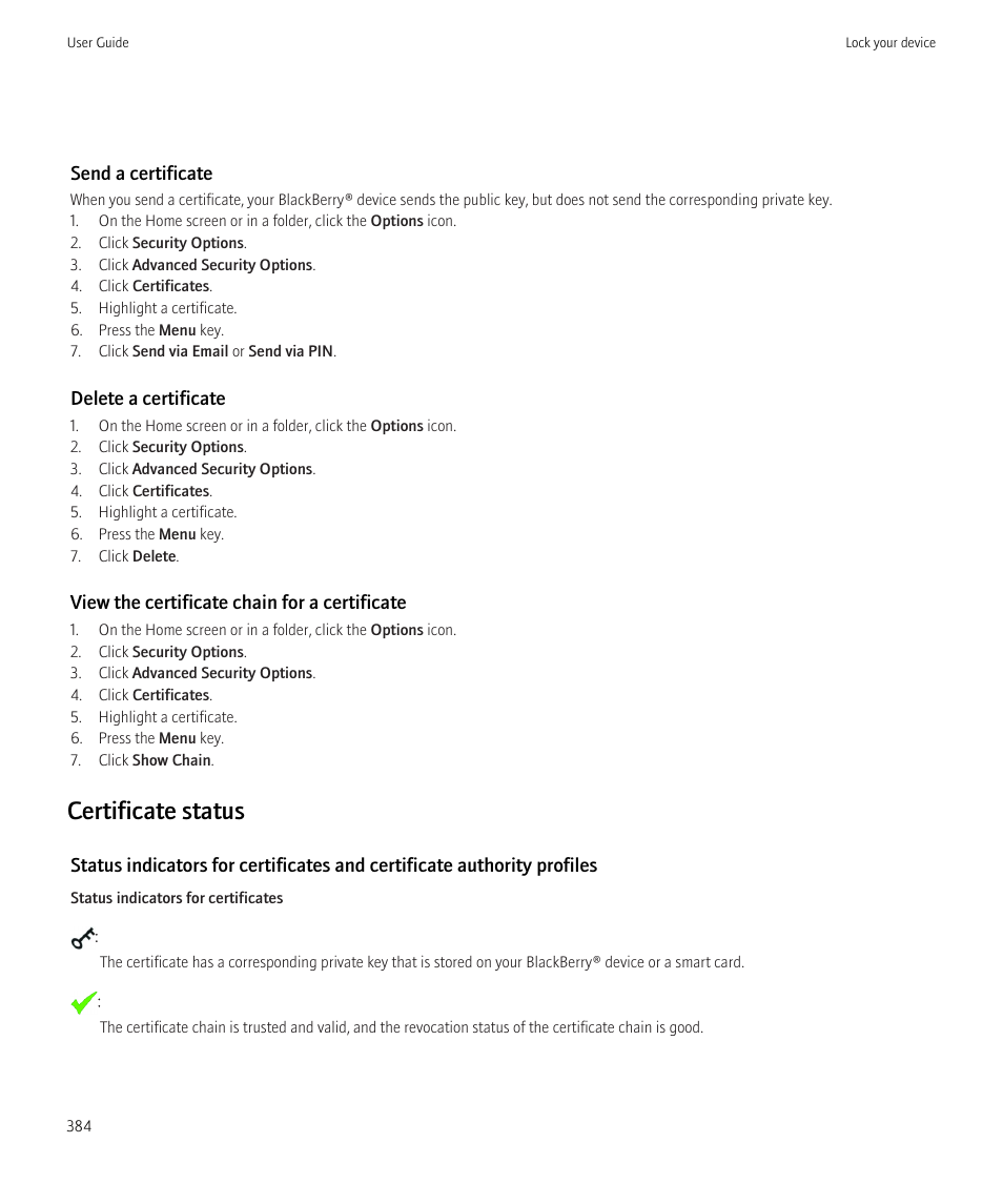 Certificate status | Blackberry CURVE 8980 User Manual | Page 386 / 443