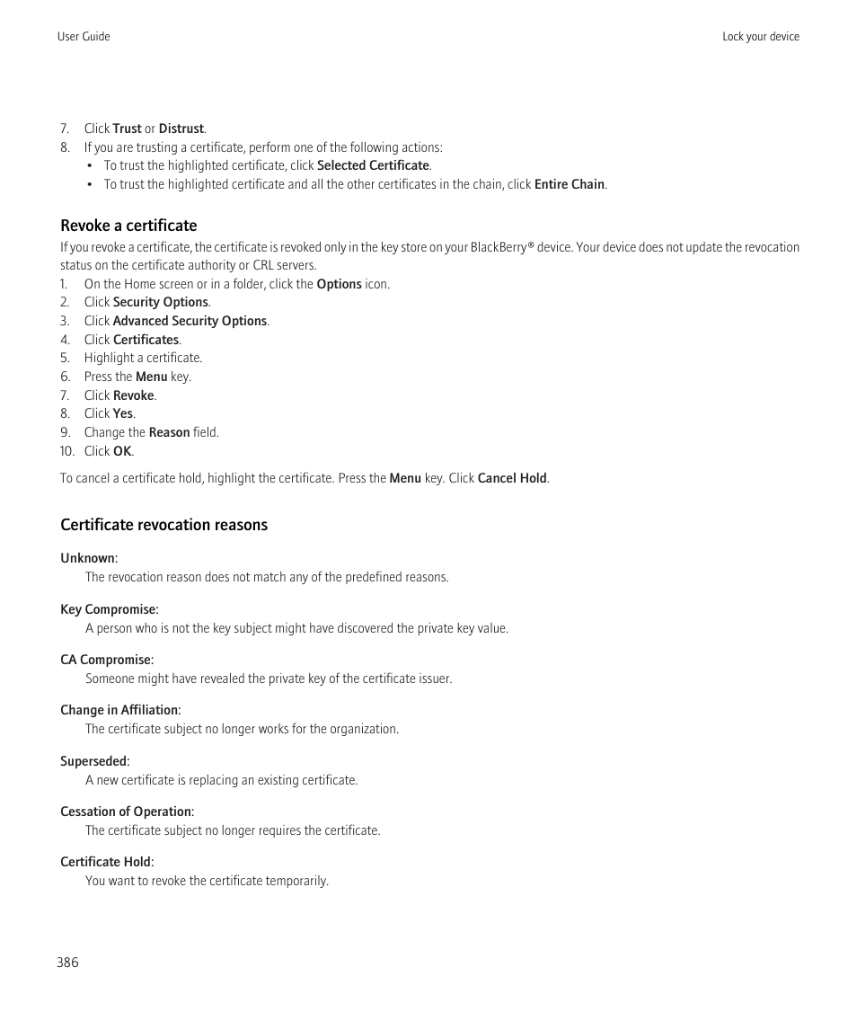Revoke a certificate, Certificate revocation reasons | Blackberry CURVE 8980 User Manual | Page 388 / 443