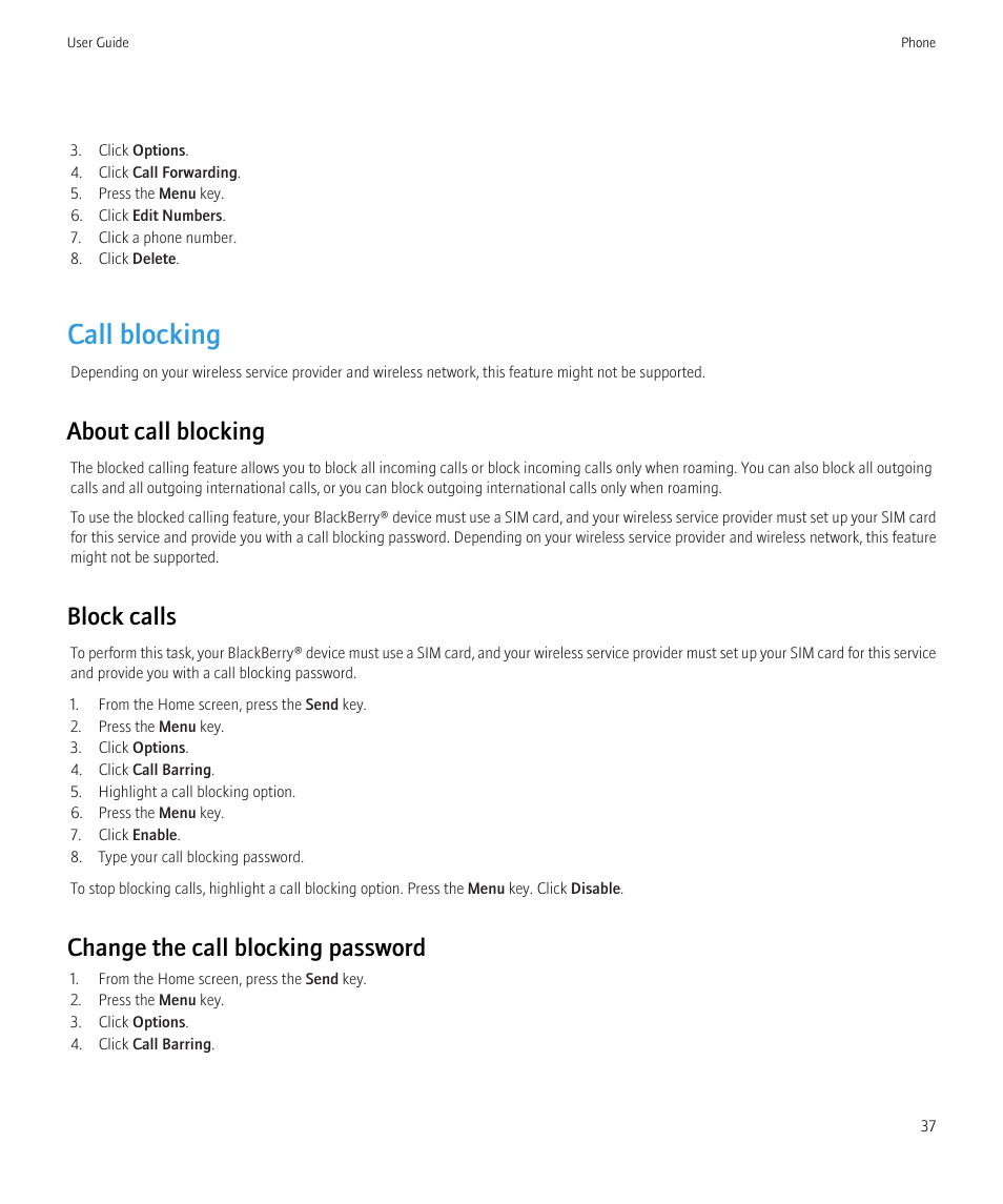 Call blocking, Call blocking, 37, About call blocking | Block calls, Change the call blocking password | Blackberry CURVE 8980 User Manual | Page 39 / 443