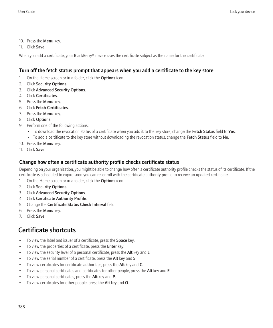 Certificate shortcuts | Blackberry CURVE 8980 User Manual | Page 390 / 443