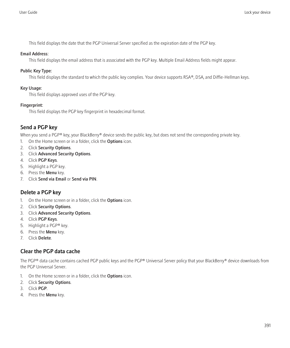 Send a pgp key, Delete a pgp key, Clear the pgp data cache | Blackberry CURVE 8980 User Manual | Page 393 / 443