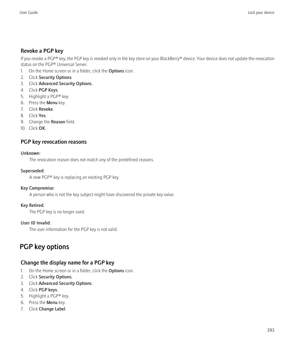 Pgp key options | Blackberry CURVE 8980 User Manual | Page 395 / 443