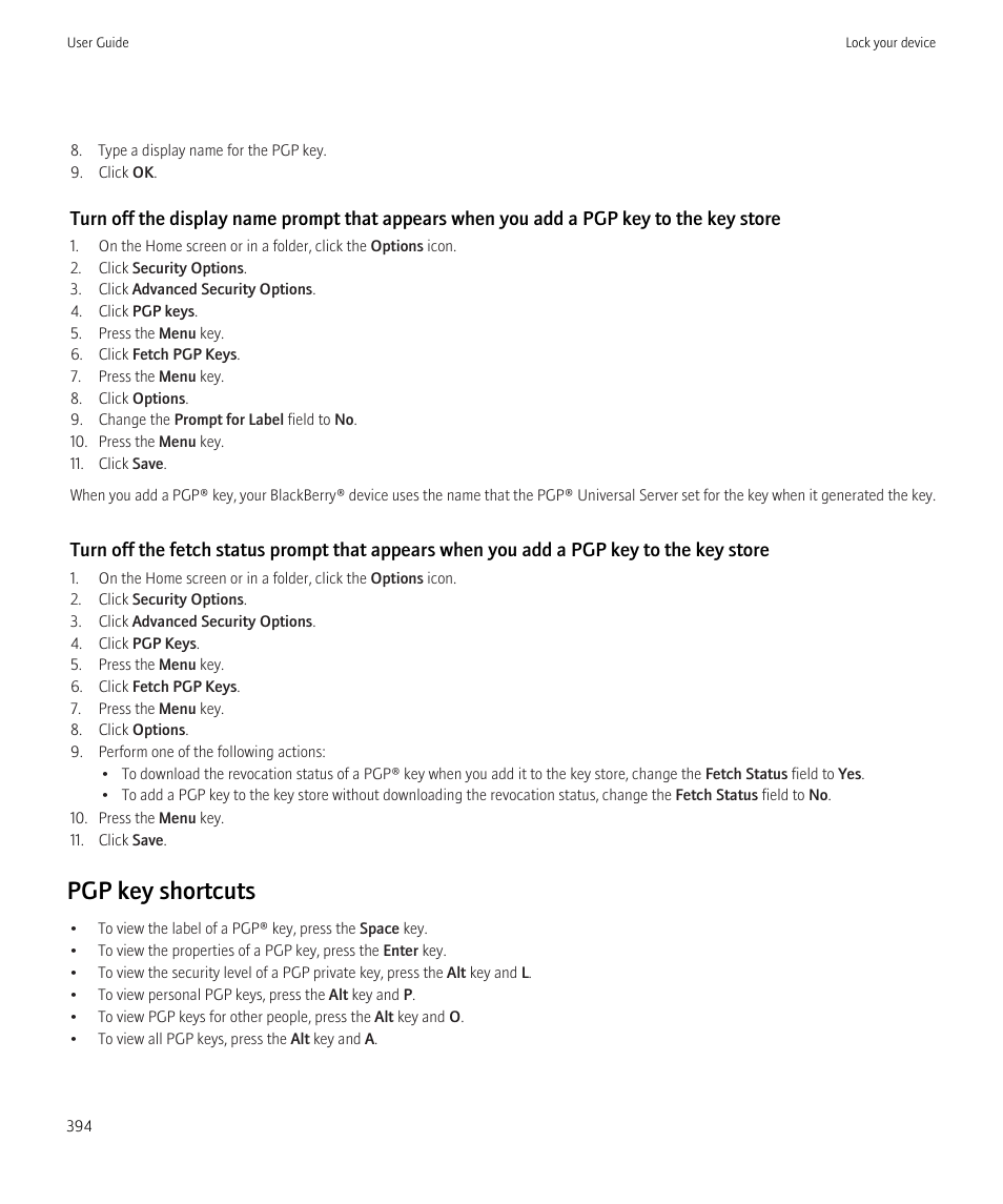 Pgp key shortcuts | Blackberry CURVE 8980 User Manual | Page 396 / 443