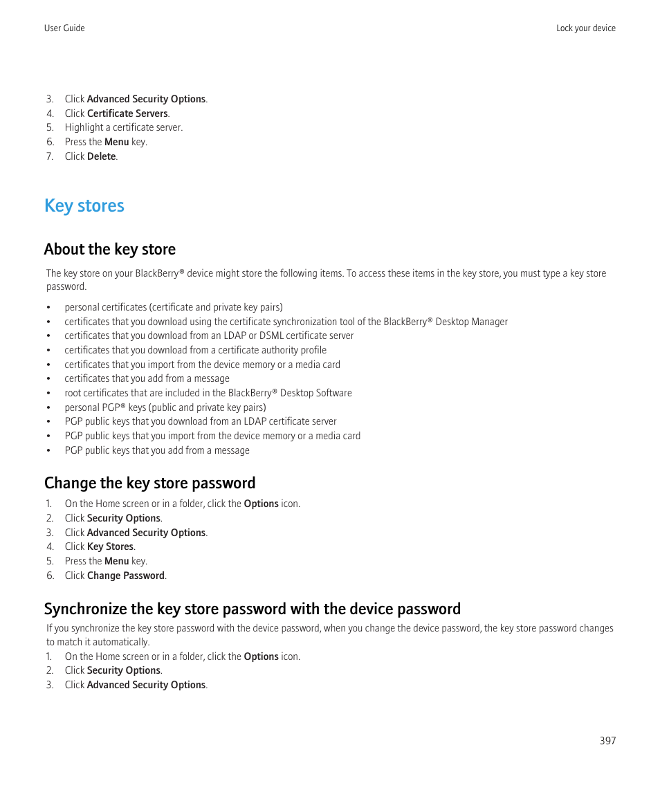Key stores, About the key store, Change the key store password | Blackberry CURVE 8980 User Manual | Page 399 / 443