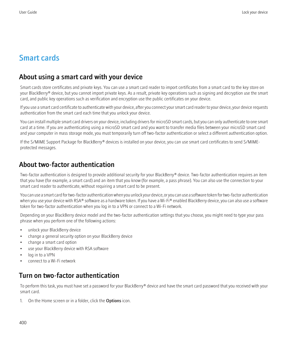 Smart cards, About using a smart card with your device, About two-factor authentication | Turn on two-factor authentication | Blackberry CURVE 8980 User Manual | Page 402 / 443