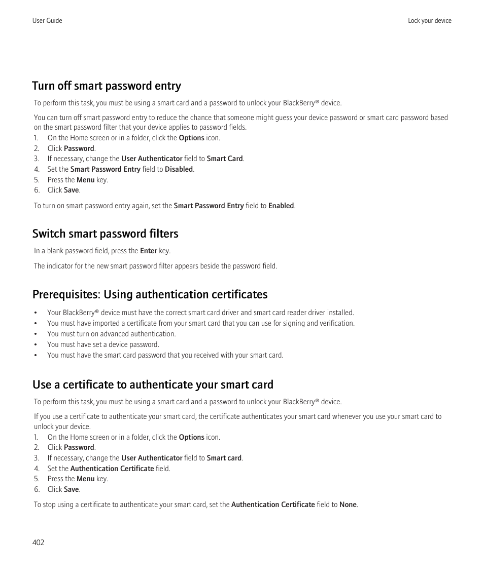 Turn off smart password entry, Switch smart password filters, Prerequisites: using authentication certificates | Use a certificate to authenticate your smart card | Blackberry CURVE 8980 User Manual | Page 404 / 443