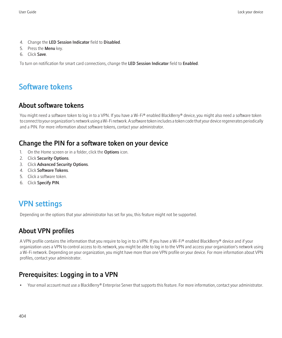 Software tokens, Vpn settings, About software tokens | Change the pin for a software token on your device, About vpn profiles, Prerequisites: logging in to a vpn | Blackberry CURVE 8980 User Manual | Page 406 / 443
