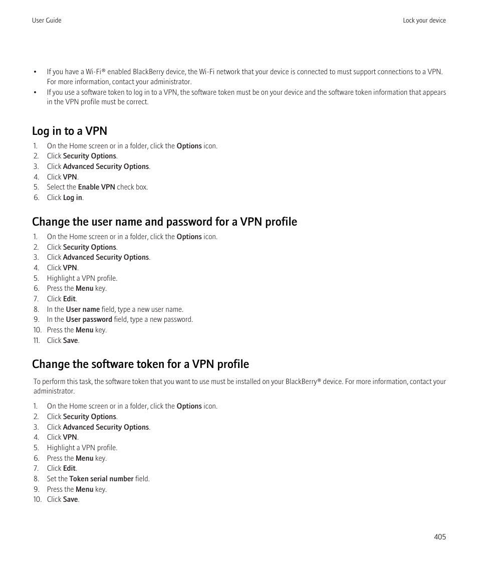 Log in to a vpn, Change the software token for a vpn profile | Blackberry CURVE 8980 User Manual | Page 407 / 443