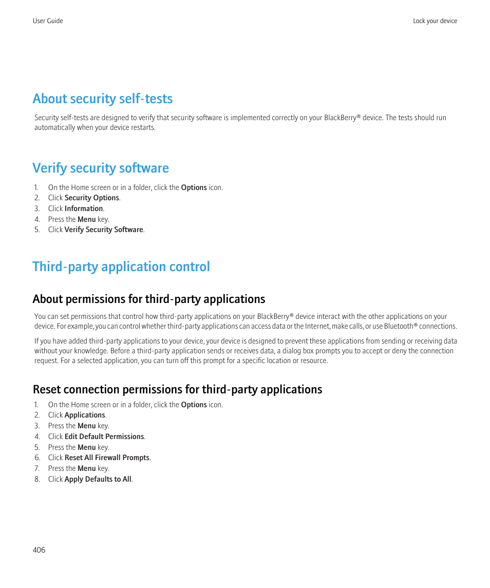 About security self-tests, Verify security software, Third-party application control | About permissions for third-party applications | Blackberry CURVE 8980 User Manual | Page 408 / 443