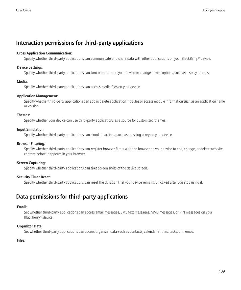 Data permissions for third-party applications | Blackberry CURVE 8980 User Manual | Page 411 / 443