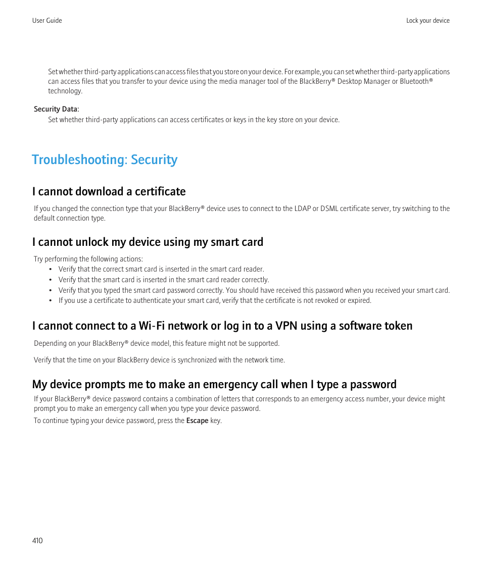 Troubleshooting: security, I cannot download a certificate, I cannot unlock my device using my smart card | Blackberry CURVE 8980 User Manual | Page 412 / 443