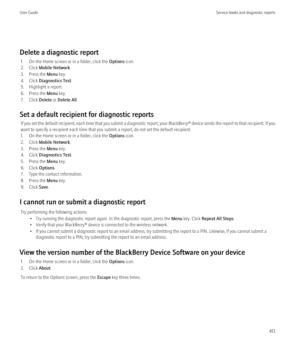 Delete a diagnostic report, Set a default recipient for diagnostic reports, I cannot run or submit a diagnostic report | Blackberry CURVE 8980 User Manual | Page 415 / 443